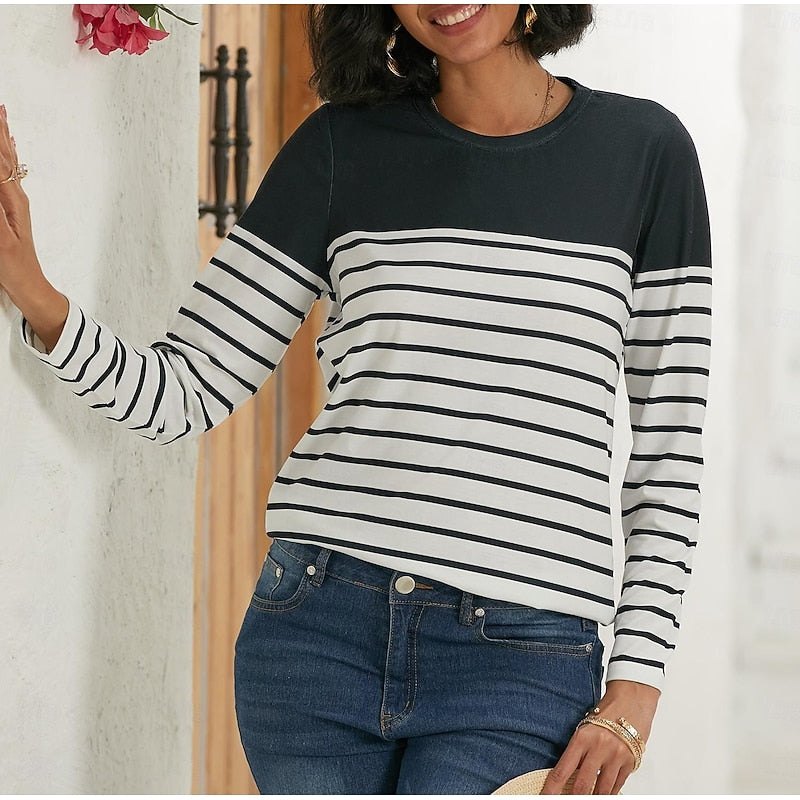 Effortless Striped Crew Neck Top for Women with Long Sleeve Soft Cotton Classic Style