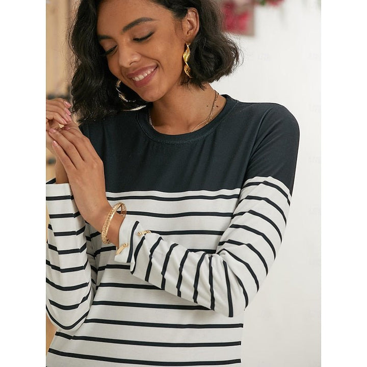 Effortless Striped Crew Neck Top for Women with Long Sleeve Soft Cotton Classic Style