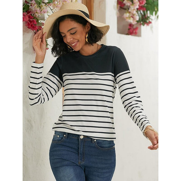 Effortless Striped Crew Neck Top for Women with Long Sleeve Soft Cotton Classic Style
