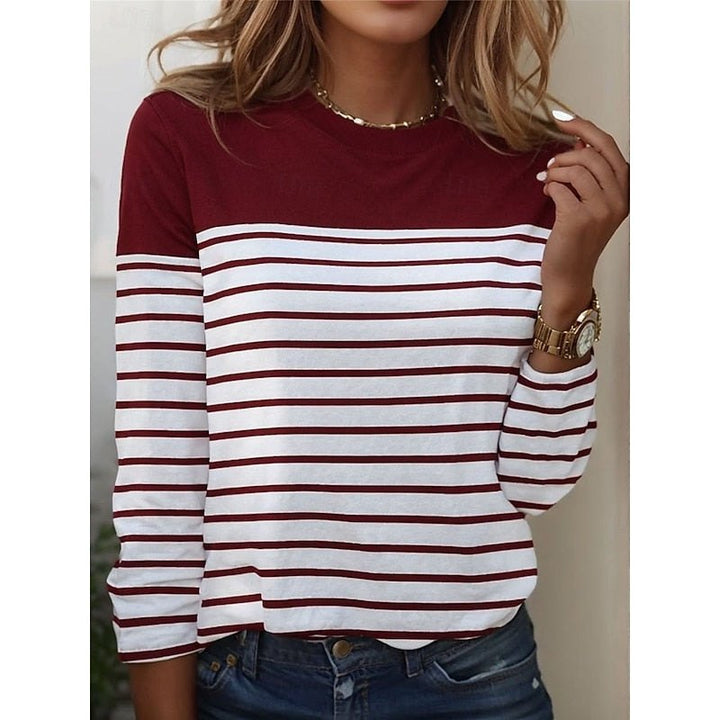 Effortless Striped Crew Neck Top for Women with Long Sleeve Soft Cotton Classic Style