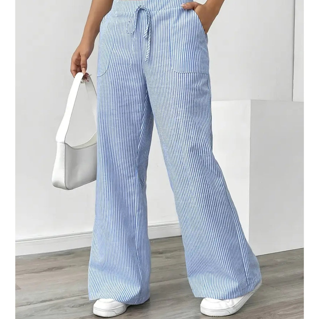 Effortless Striped Pants for Women with Vertical Stripe Adjustable Waist Pocket Airy Style