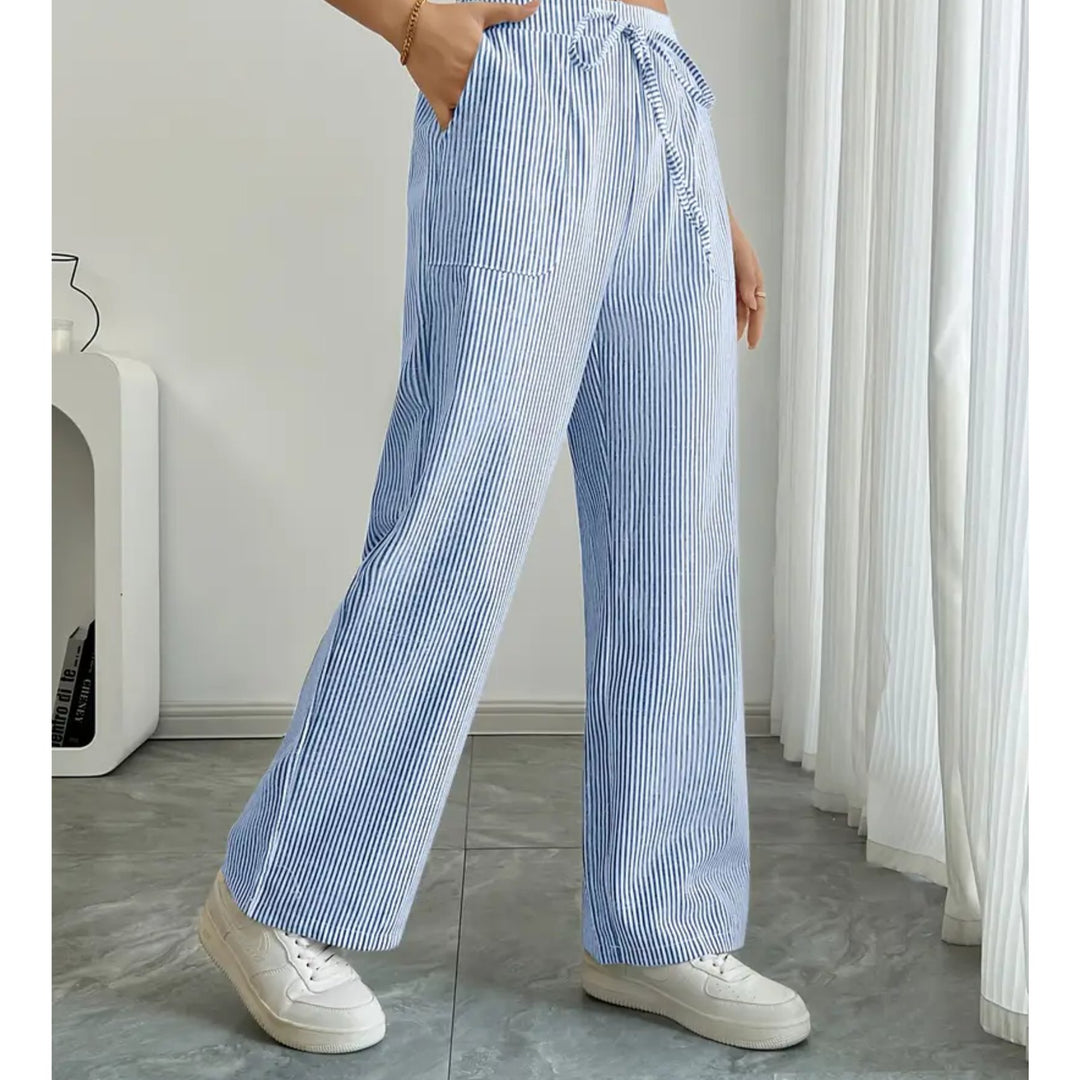 Effortless Striped Pants for Women with Vertical Stripe Adjustable Waist Pocket Airy Style