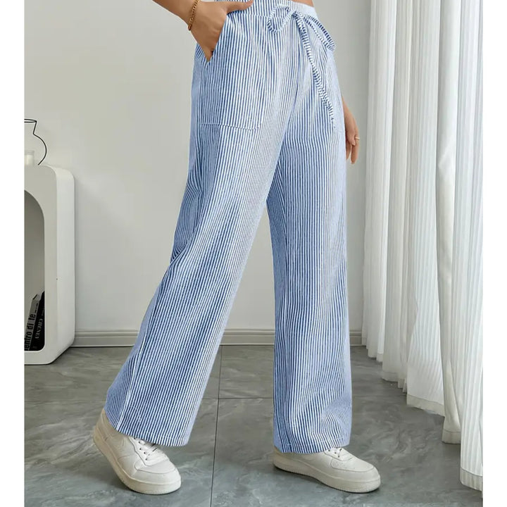 Effortless Striped Pants for Women with Vertical Stripe Adjustable Waist Pocket Airy Style