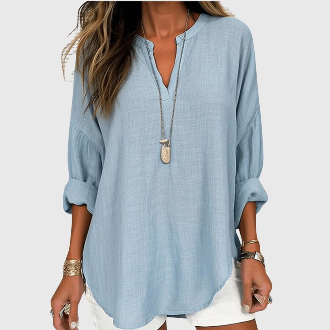 Effortless Textured Tunic Shirt for Women with V Neck Long Sleeve Relaxed Casual Style