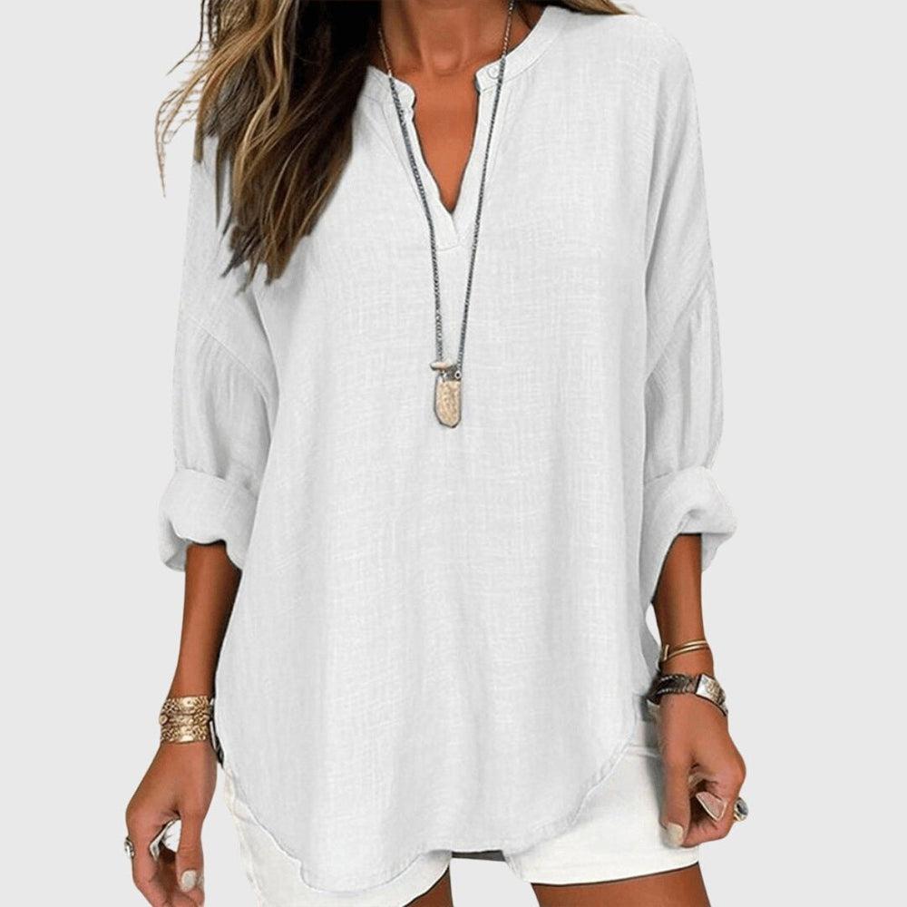 Effortless Textured Tunic Shirt for Women with V Neck Long Sleeve Relaxed Casual Style