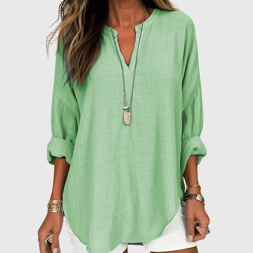 Effortless Textured Tunic Shirt for Women with V Neck Long Sleeve Relaxed Casual Style