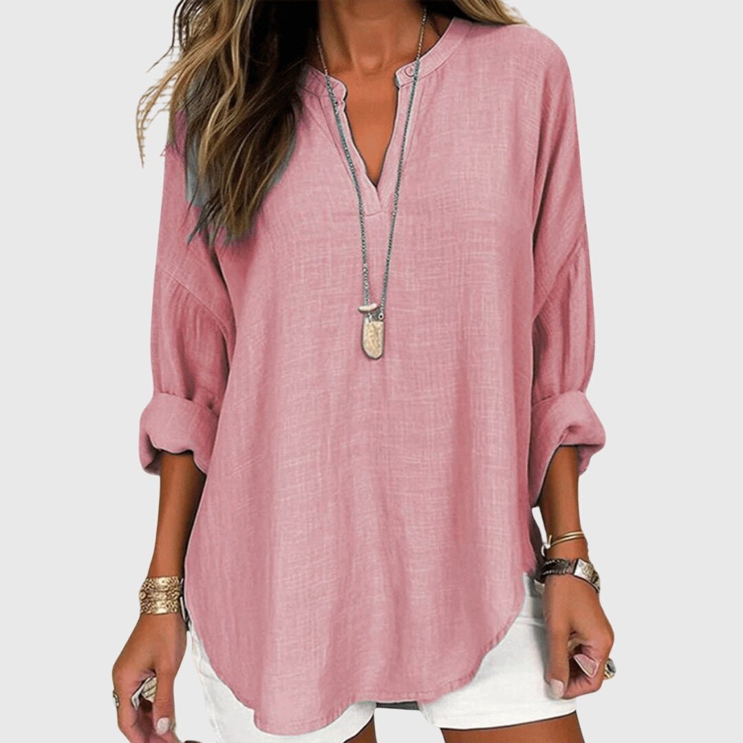 Effortless Textured Tunic Shirt for Women with V Neck Long Sleeve Relaxed Casual Style