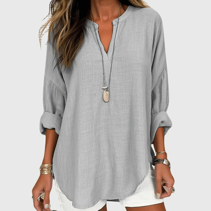 Effortless Textured Tunic Shirt for Women with V Neck Long Sleeve Relaxed Casual Style
