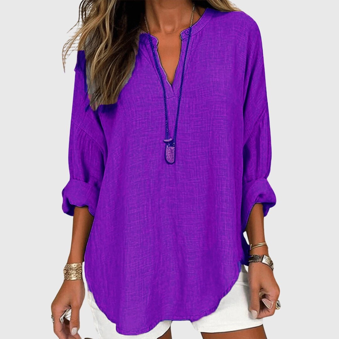 Effortless Textured Tunic Shirt for Women with V Neck Long Sleeve Relaxed Casual Style
