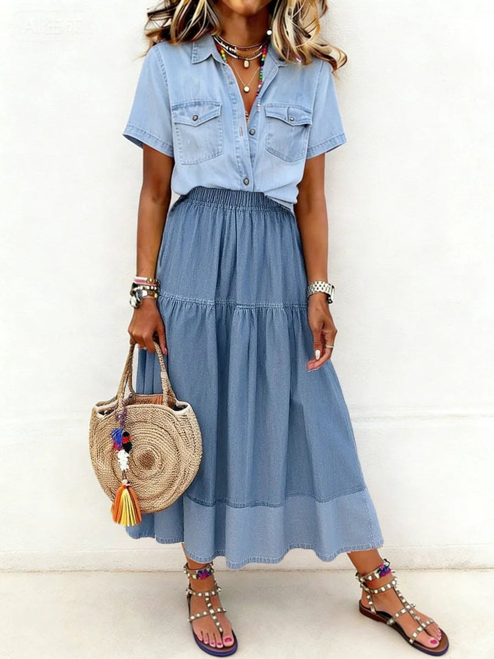 Effortless Tiered Denim Midi Skirt for Women with Gathered Panel Elastic Waist Relaxed Style