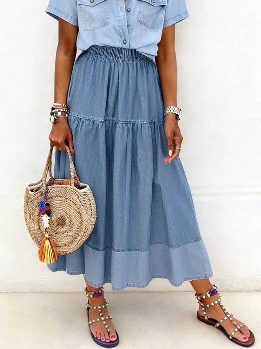 Effortless Tiered Denim Midi Skirt for Women with Gathered Panel Elastic Waist Relaxed Style