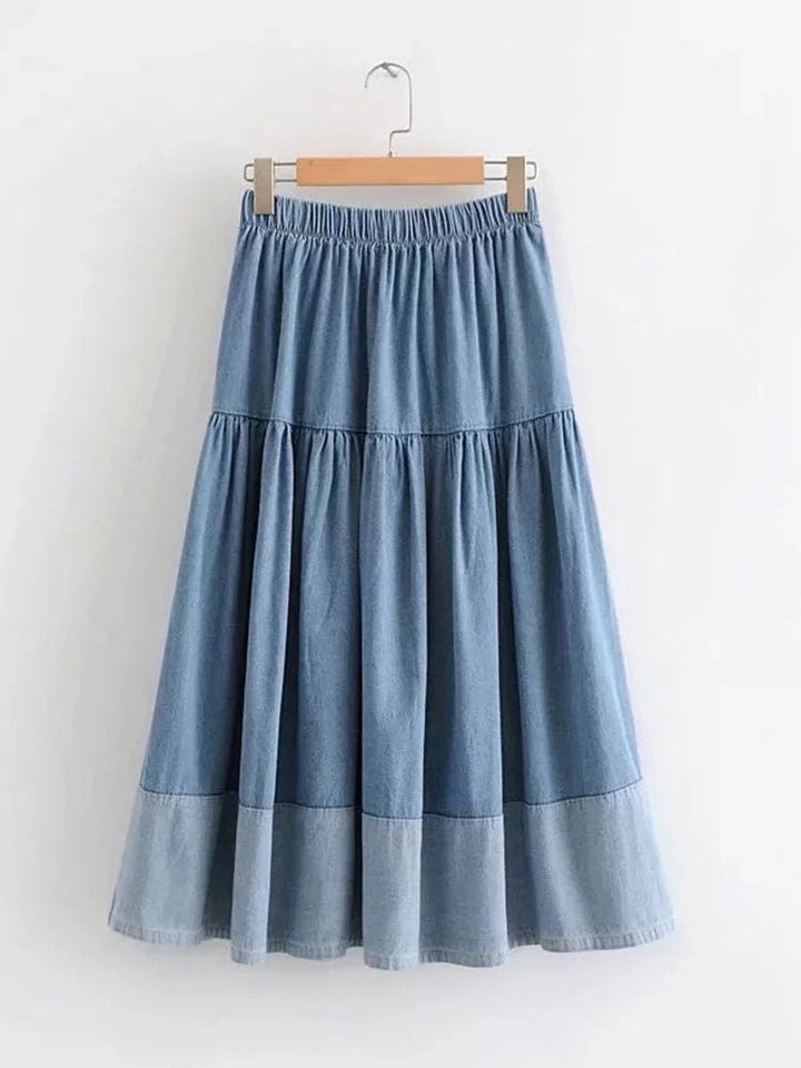 Effortless Tiered Denim Midi Skirt for Women with Gathered Panel Elastic Waist Relaxed Style
