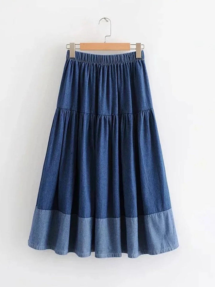Effortless Tiered Denim Midi Skirt for Women with Gathered Panel Elastic Waist Relaxed Style