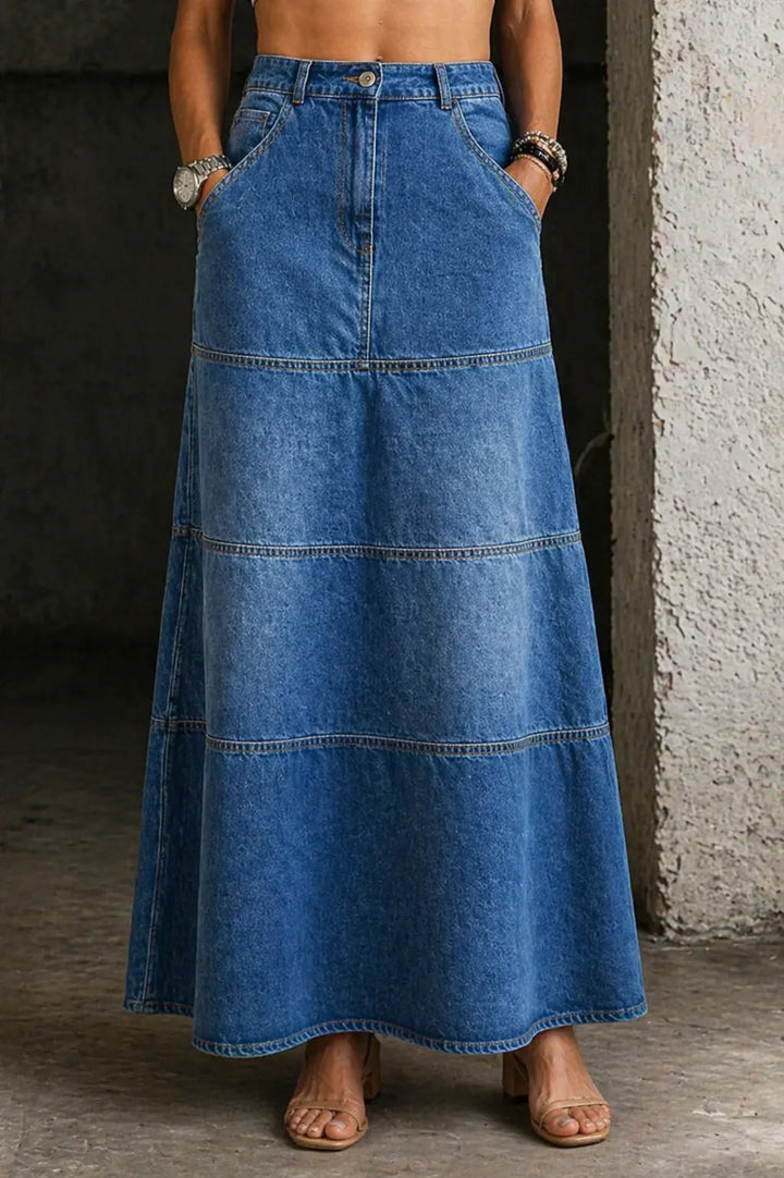 Effortless Tiered Denim Skirt for Women with Maxi Length High Waist Button Fly Flowing Style