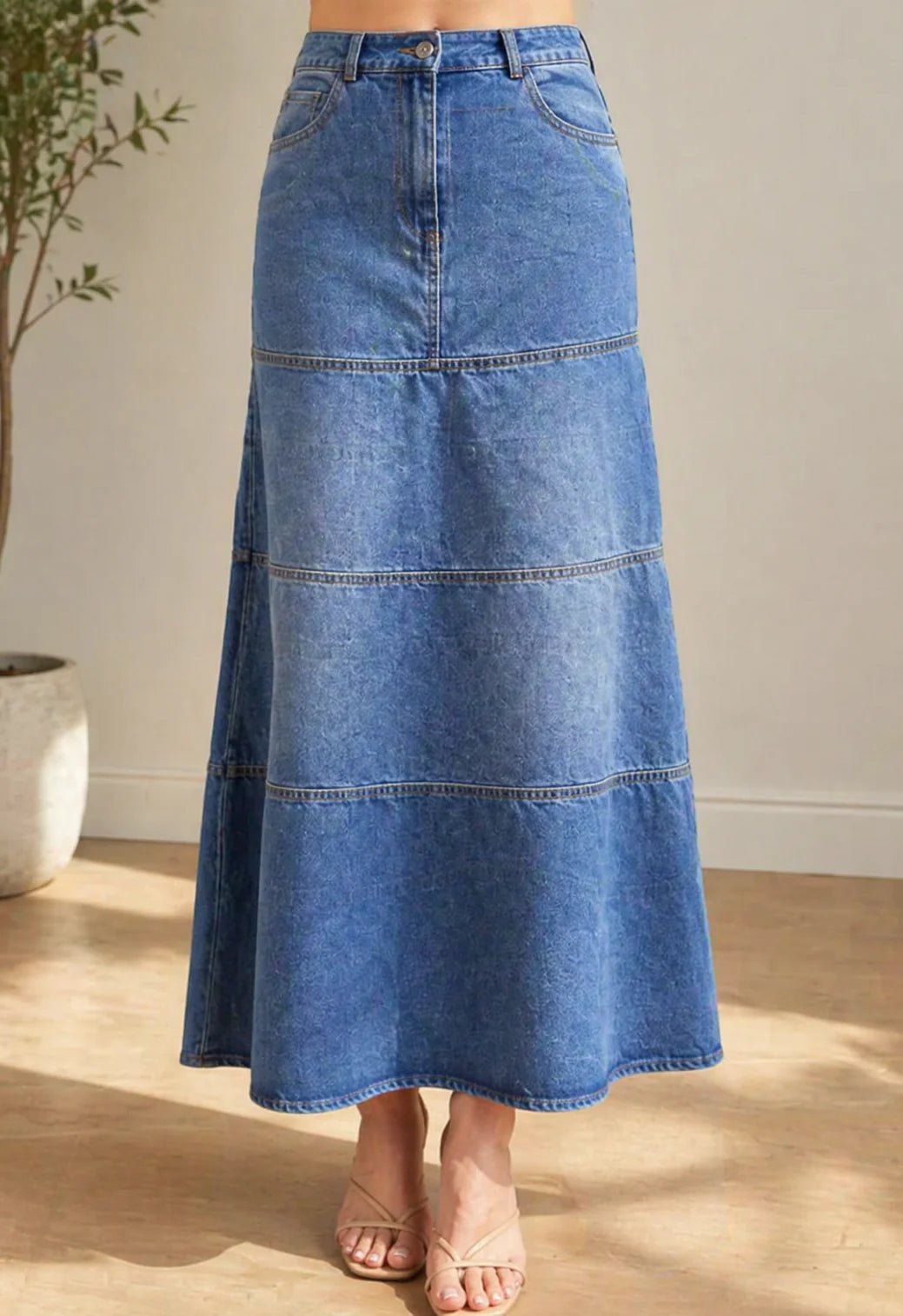 Effortless Tiered Denim Skirt for Women with Maxi Length High Waist Button Fly Flowing Style