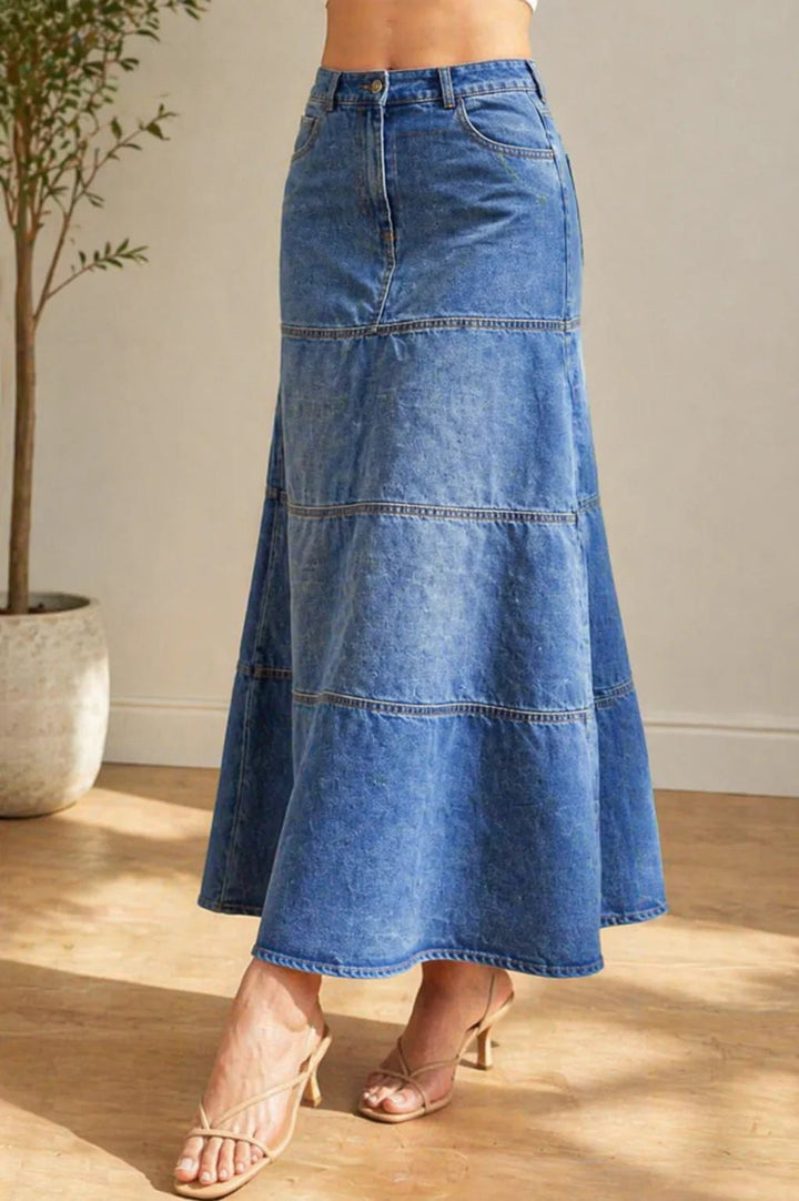 Effortless Tiered Denim Skirt for Women with Maxi Length High Waist Button Fly Flowing Style