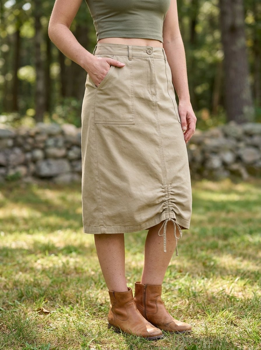 Effortless Utility Midi Skirt for Women with Drawstring Ruched Hem Patch Pocket Relaxed Style