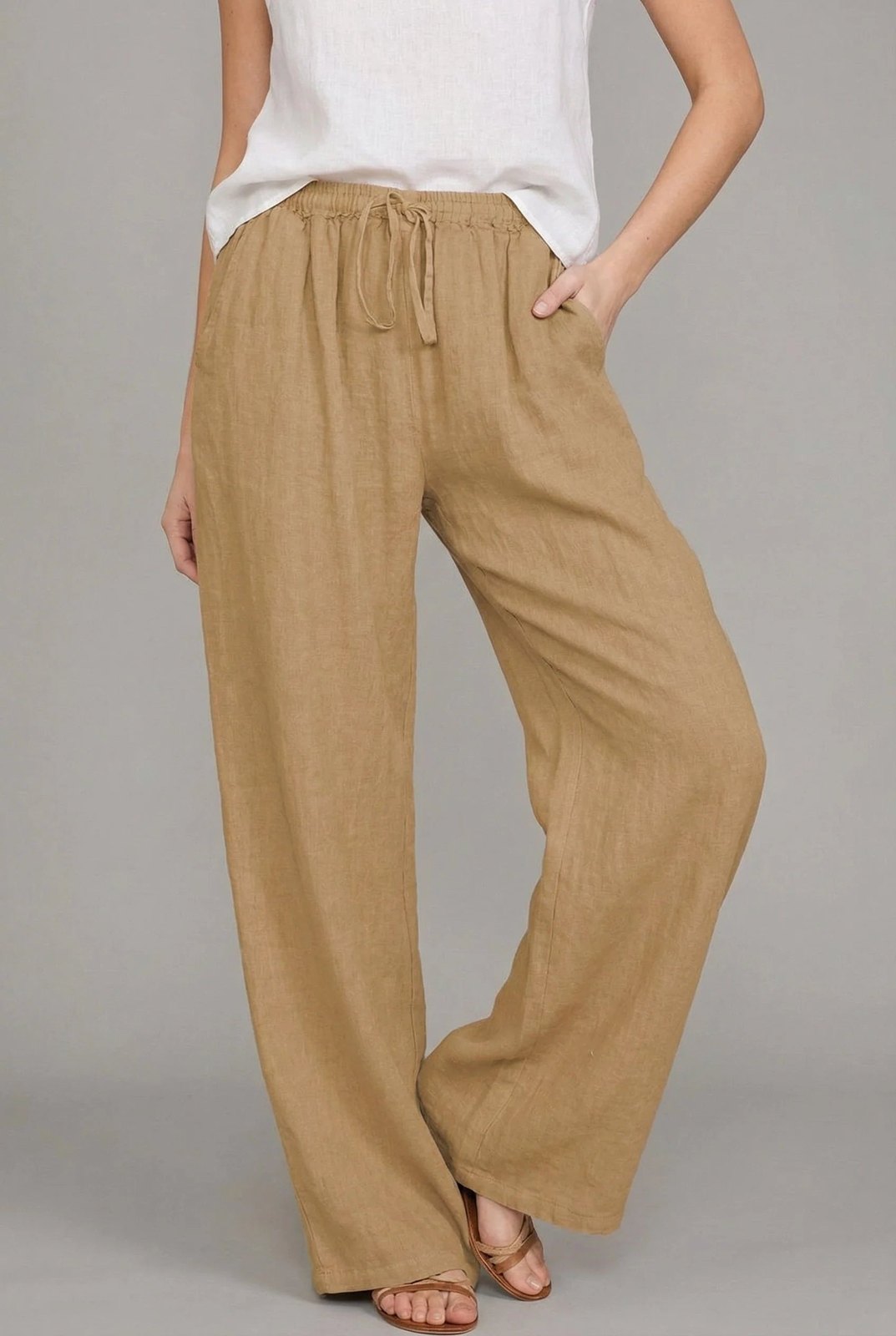 Effortless Wide Leg Drawstring Pants for Women with Elastic Waist Side Pocket Relaxed Linen Style