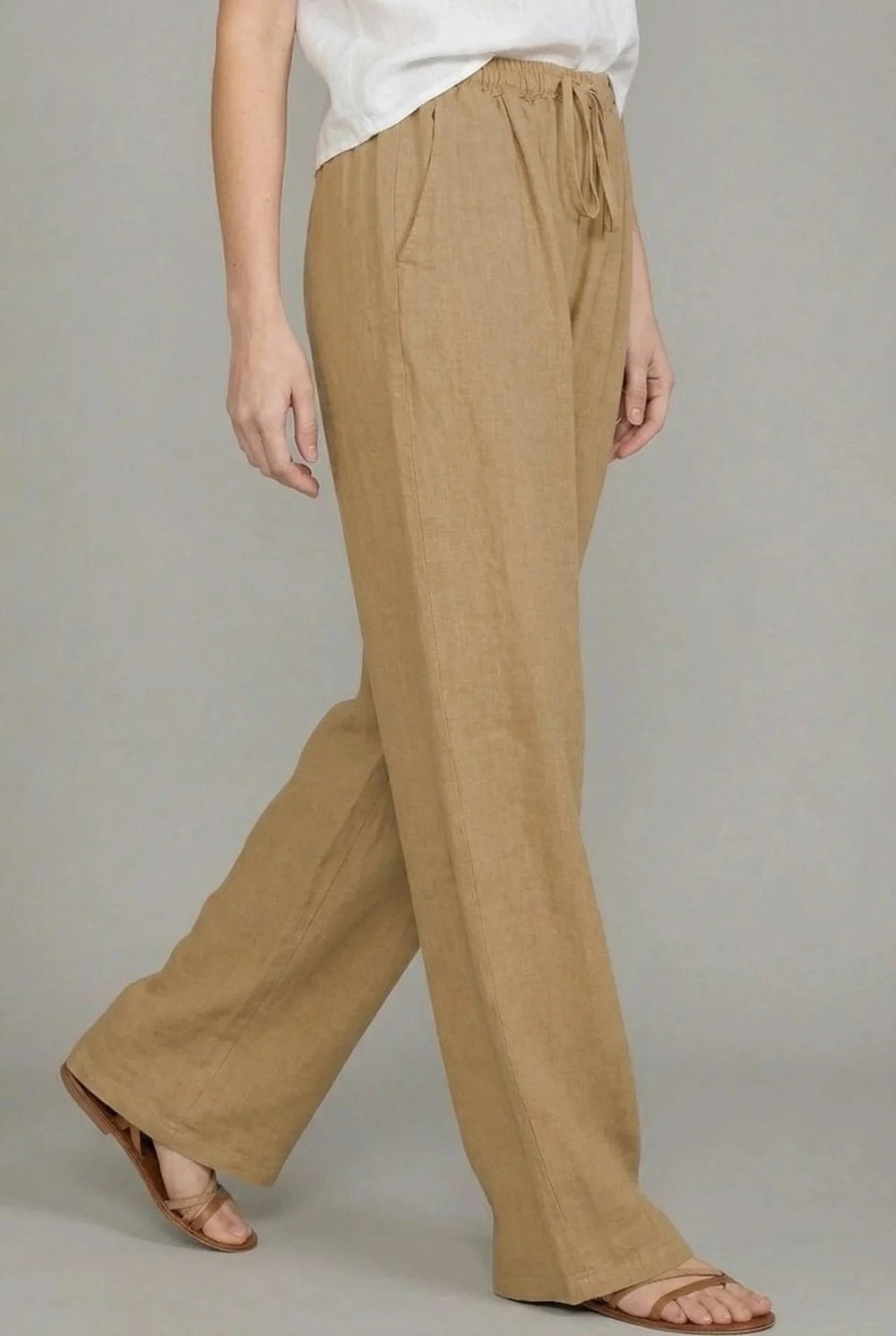 Effortless Wide Leg Drawstring Pants for Women with Elastic Waist Side Pocket Relaxed Linen Style