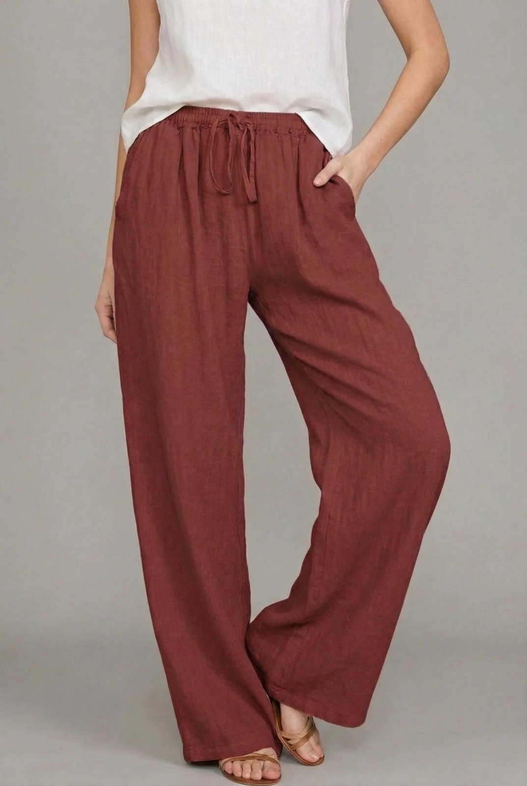 Effortless Wide Leg Drawstring Pants for Women with Elastic Waist Side Pocket Relaxed Linen Style