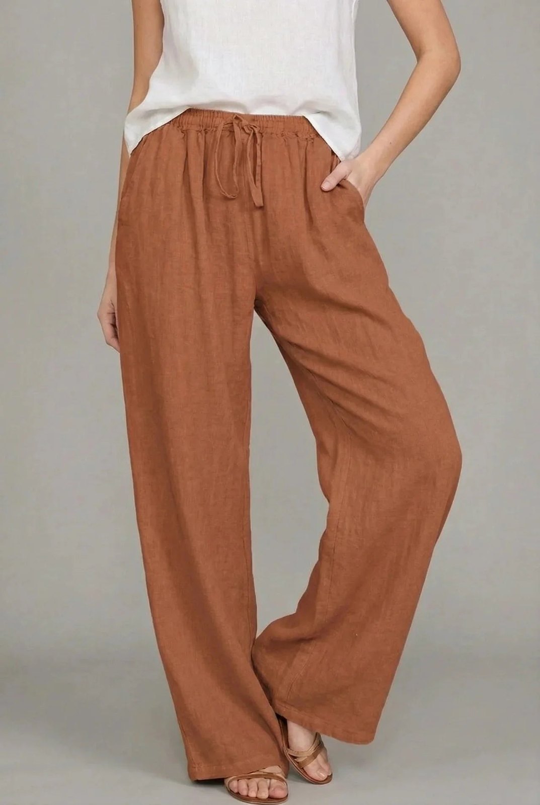 Effortless Wide Leg Drawstring Pants for Women with Elastic Waist Side Pocket Relaxed Linen Style