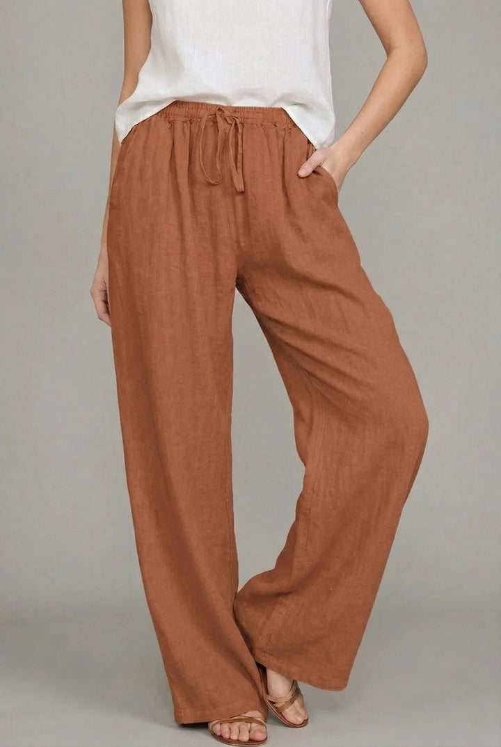 Effortless Wide Leg Drawstring Pants for Women with Elastic Waist Side Pocket Relaxed Linen Style
