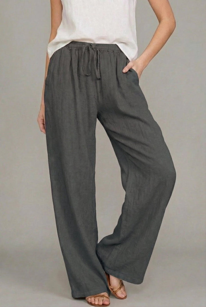 Effortless Wide Leg Drawstring Pants for Women with Elastic Waist Side Pocket Relaxed Linen Style