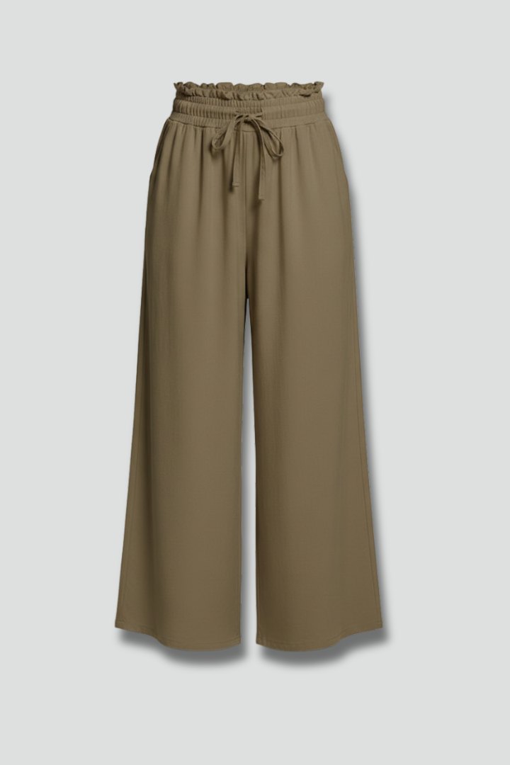Effortless Wide Leg Khaki Pants for Women with Elastic Waist Gathered Detail Side Pocket Style
