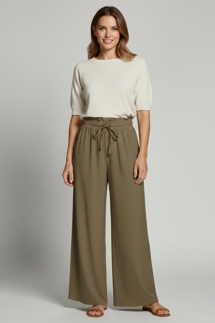 Effortless Wide Leg Khaki Pants for Women with Elastic Waist Gathered Detail Side Pocket Style