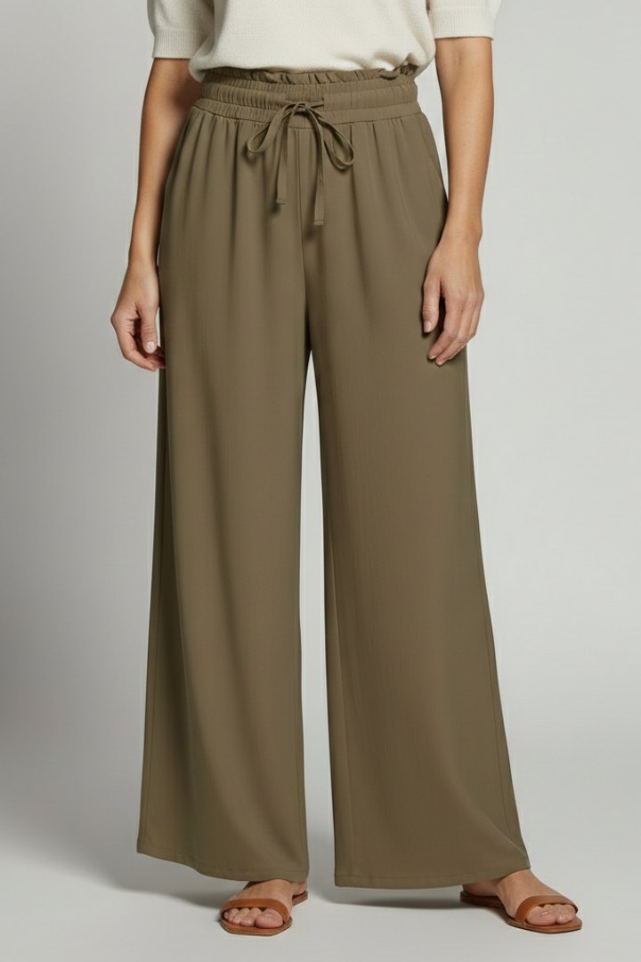 Effortless Wide Leg Khaki Pants for Women with Elastic Waist Gathered Detail Side Pocket Style
