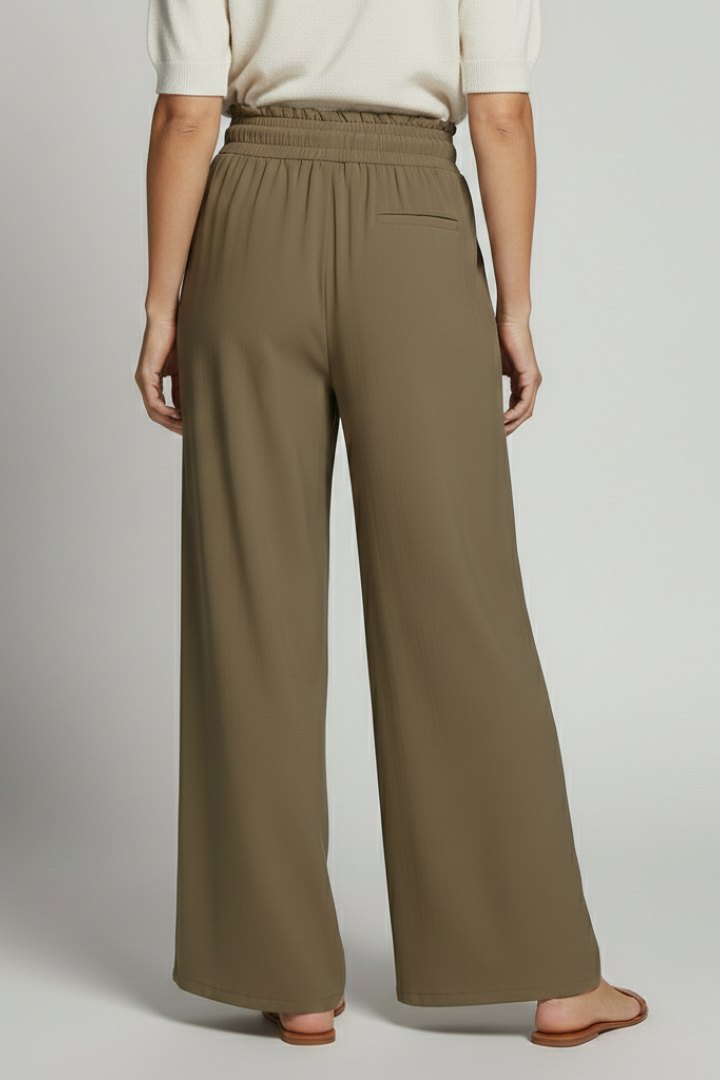 Effortless Wide Leg Khaki Pants for Women with Elastic Waist Gathered Detail Side Pocket Style