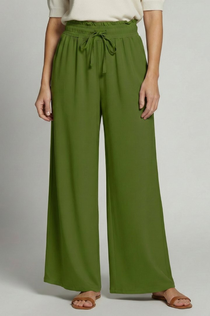 Effortless Wide Leg Khaki Pants for Women with Elastic Waist Gathered Detail Side Pocket Style