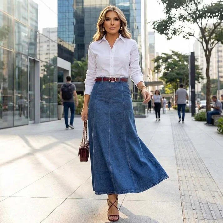 Elegant A Line Denim Skirt for Women with High Waist Midi Length Below Knee Style