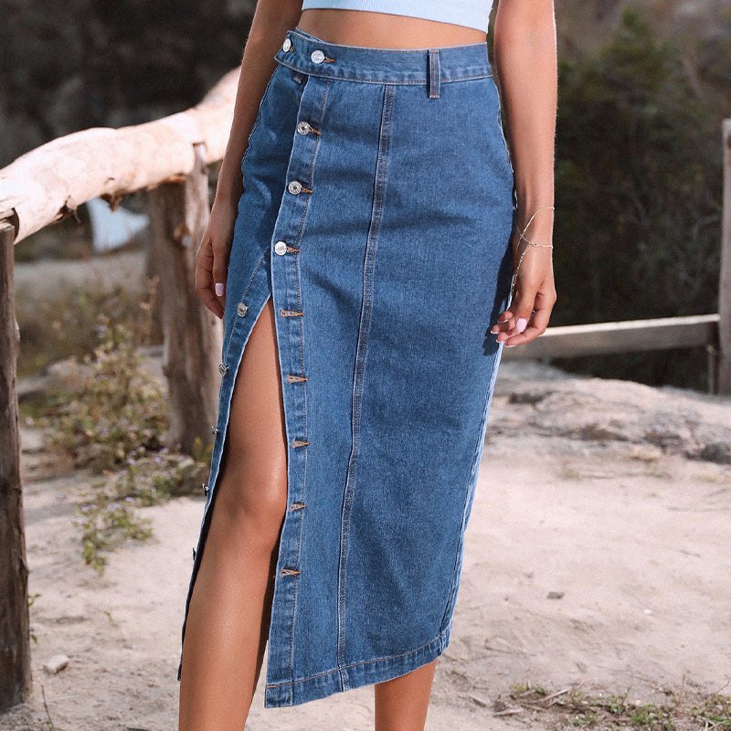 Elegant Button Down Denim Skirt for Women with High Waist Midi Length Side Slit Style