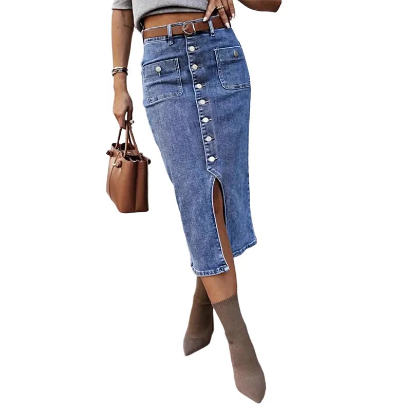 Elegant Button Front Denim Skirt for Women with High Waist Midi Length Front Slit Pocket Style