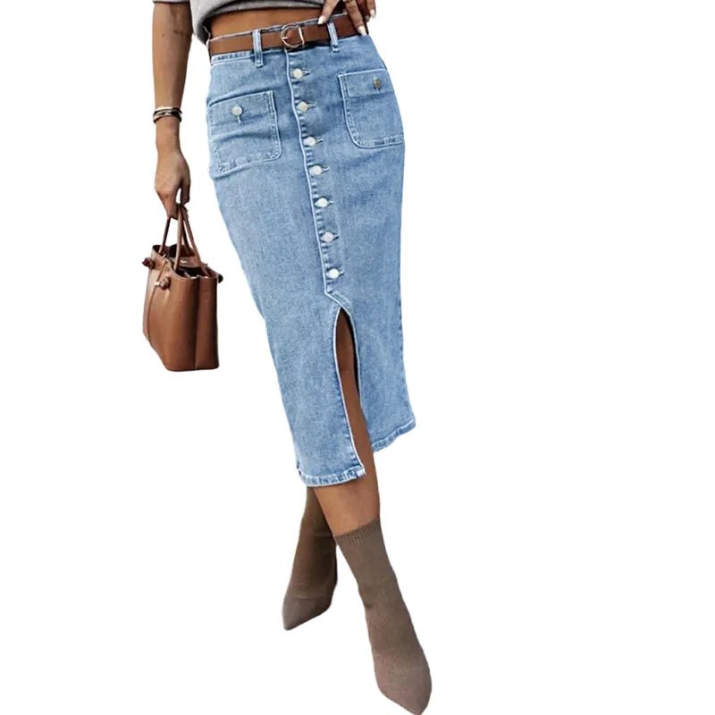 Elegant Button Front Denim Skirt for Women with High Waist Midi Length Front Slit Pocket Style