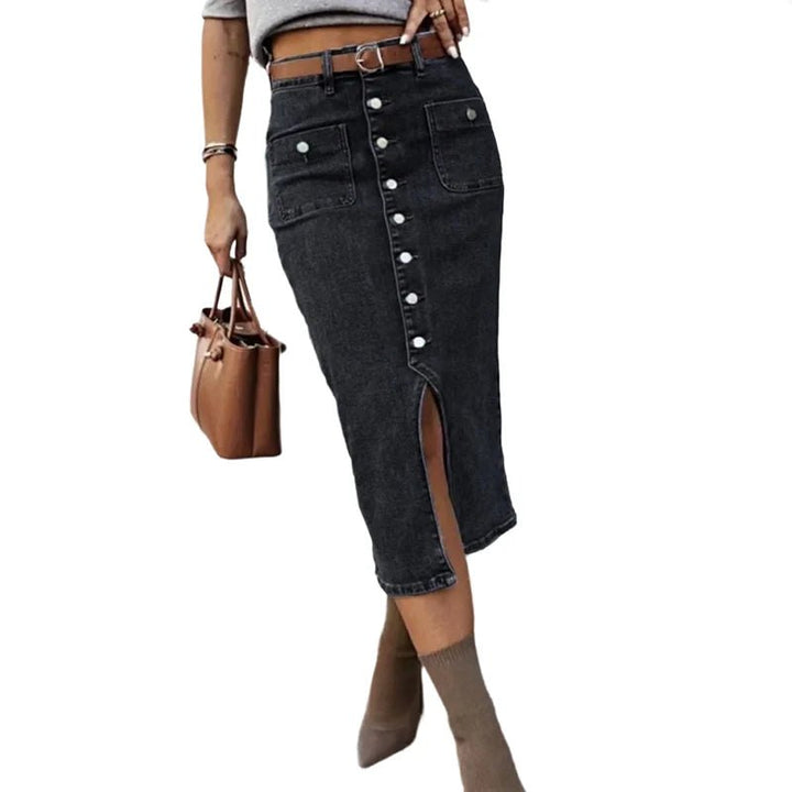 Elegant Button Front Denim Skirt for Women with High Waist Midi Length Front Slit Pocket Style
