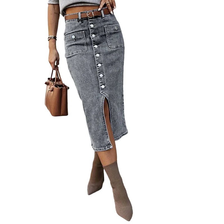 Elegant Button Front Denim Skirt for Women with High Waist Midi Length Front Slit Pocket Style