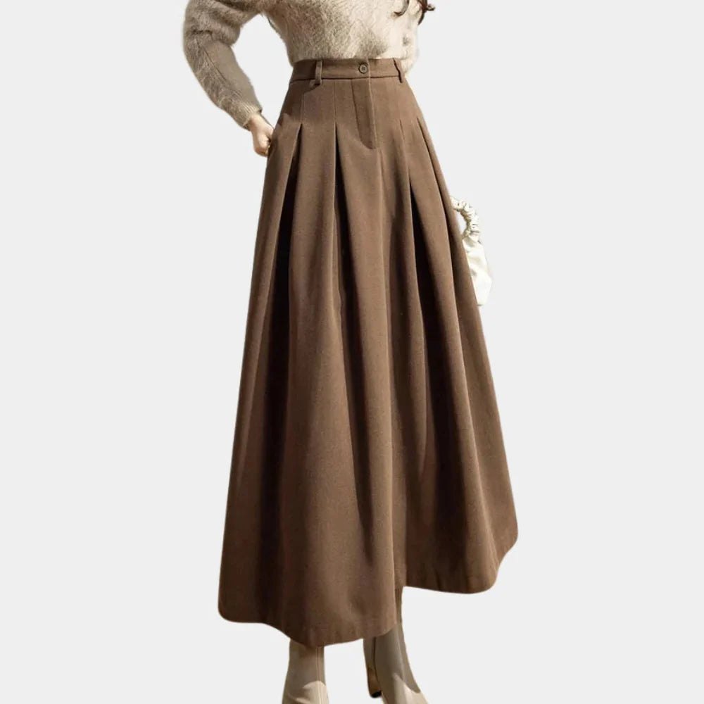 Elegant Button Front Pleated Skirt for Women with High Waist Midi Length Side Pocket Style