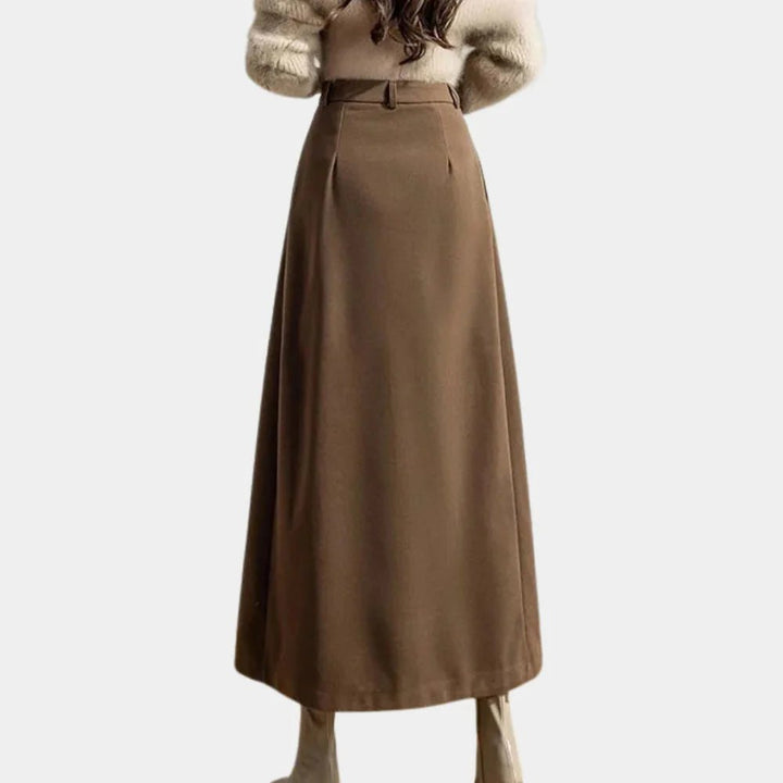 Elegant Button Front Pleated Skirt for Women with High Waist Midi Length Side Pocket Style