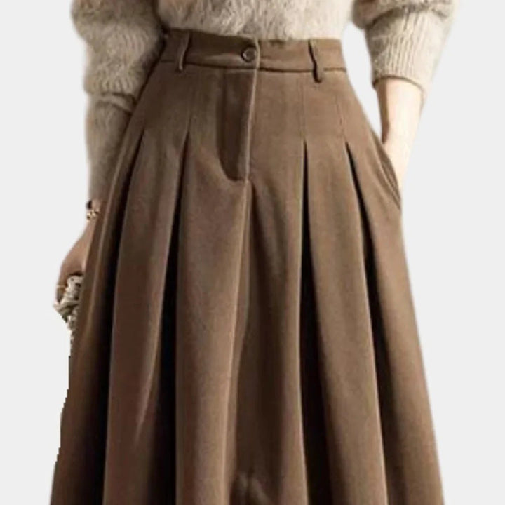 Elegant Button Front Pleated Skirt for Women with High Waist Midi Length Side Pocket Style