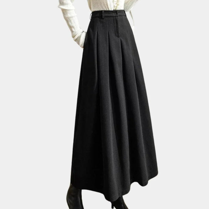 Elegant Button Front Pleated Skirt for Women with High Waist Midi Length Side Pocket Style