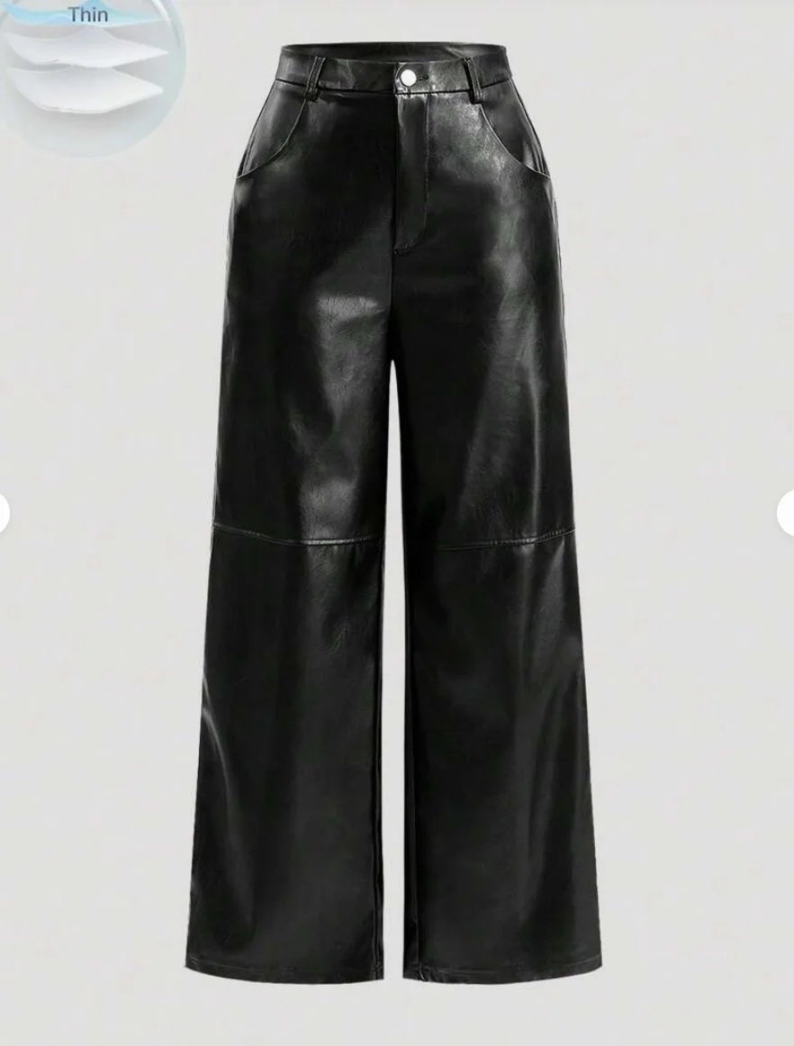 Elegant Faux Leather Pants for Women with Solid Color Smooth Finish Casual Elegant Style