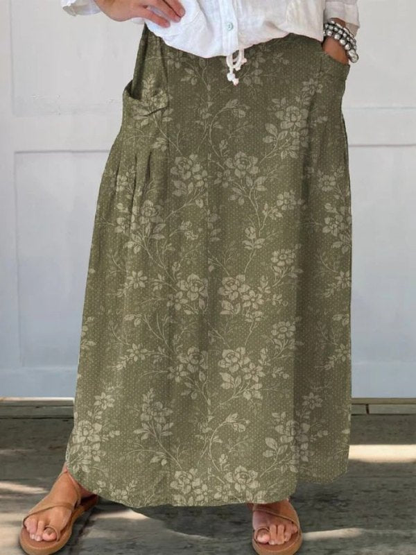 Elegant Floral Print Skirt for Women with Elastic Waist Side Pocket A Line Vintage Style