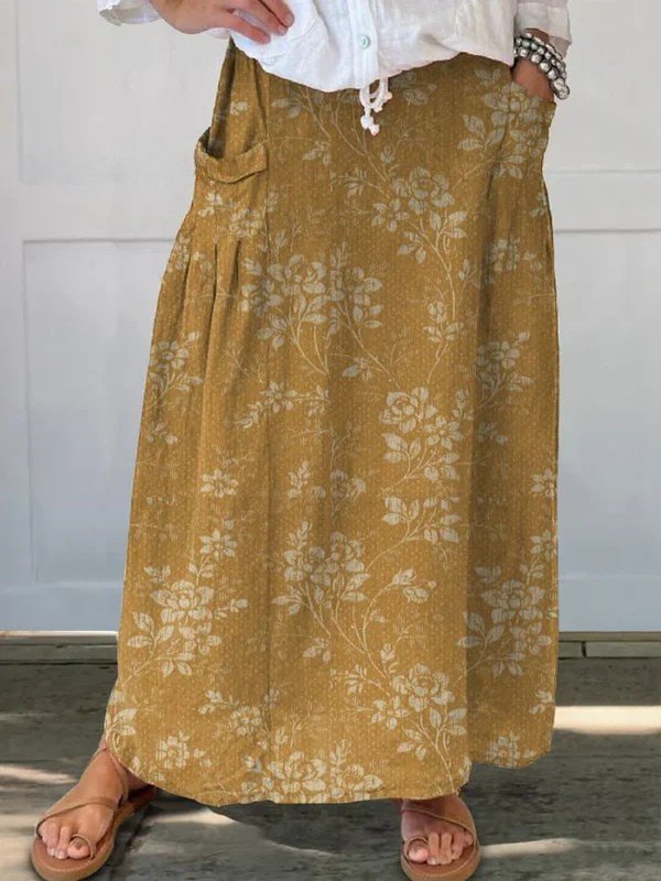 Elegant Floral Print Skirt for Women with Elastic Waist Side Pocket A Line Vintage Style