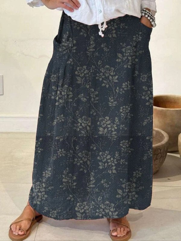 Elegant Floral Print Skirt for Women with Elastic Waist Side Pocket A Line Vintage Style