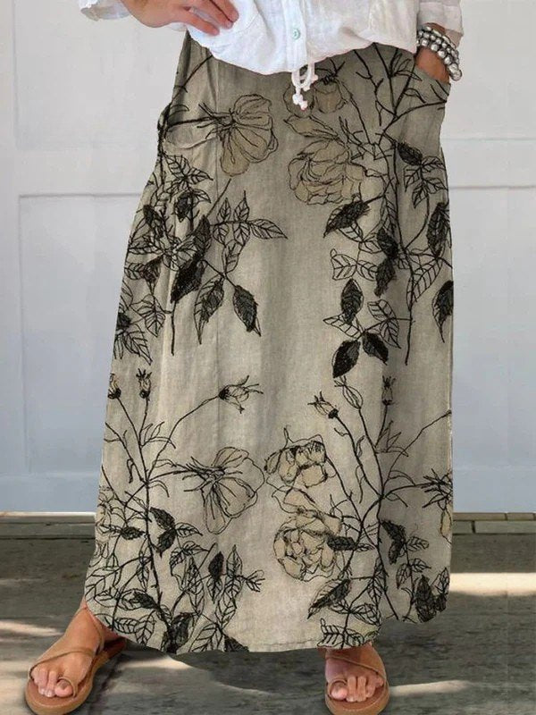 Elegant Khaki Floral Skirt for Women with Elastic Waist Side Pocket A Line Retro Style