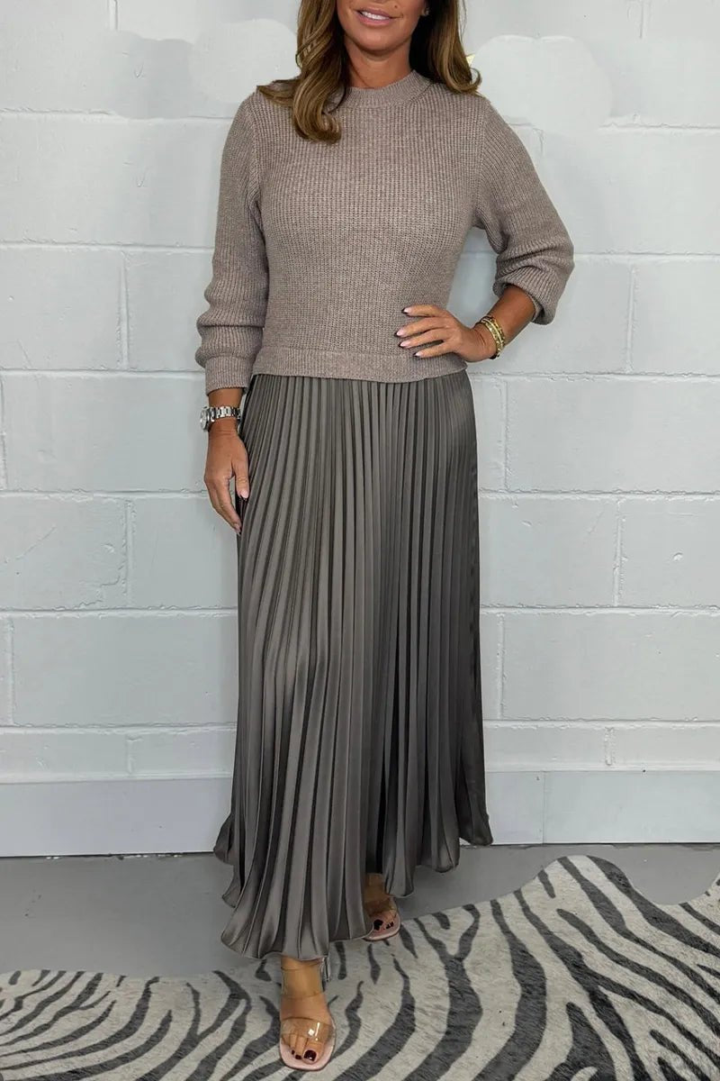 Elegant Knit Midi Dress for Women with Pleated Skirt Long Sleeve Sweater Pull On Style