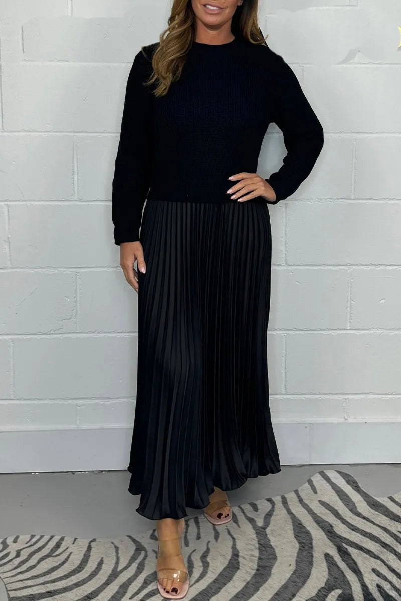 Elegant Knit Midi Dress for Women with Pleated Skirt Long Sleeve Sweater Pull On Style