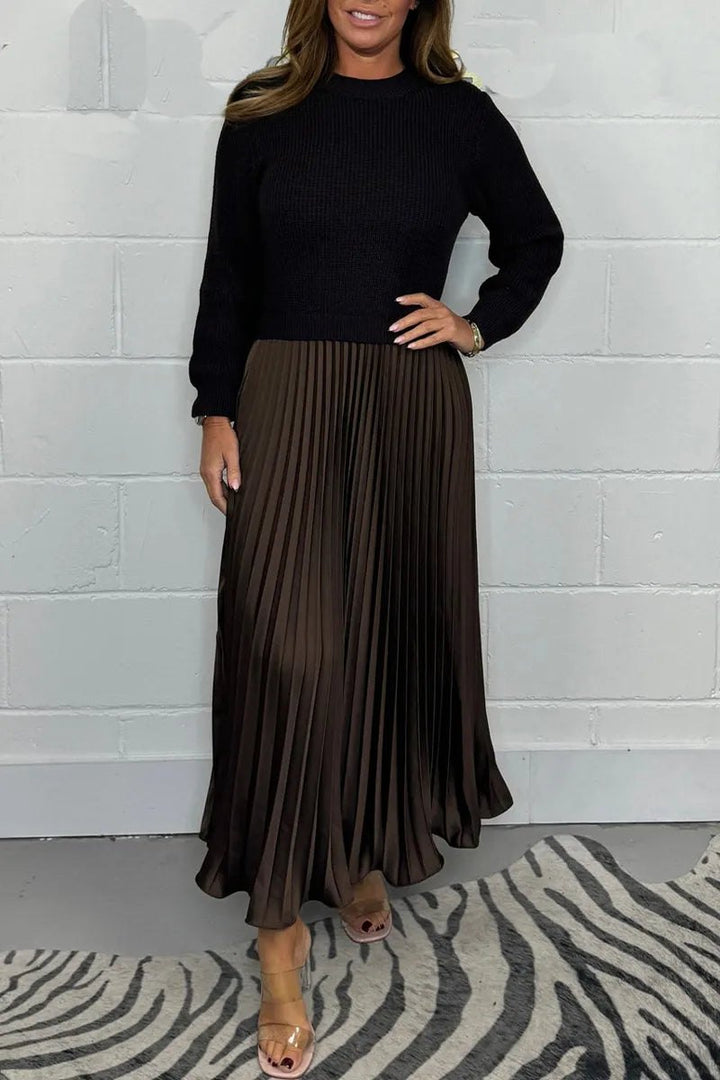 Elegant Knit Midi Dress for Women with Pleated Skirt Long Sleeve Sweater Pull On Style